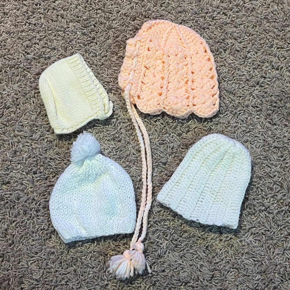 Handmade Crochet Knit Baby Hat Bonnet Bundle Pastel Peach Cream White 4 Pc Set